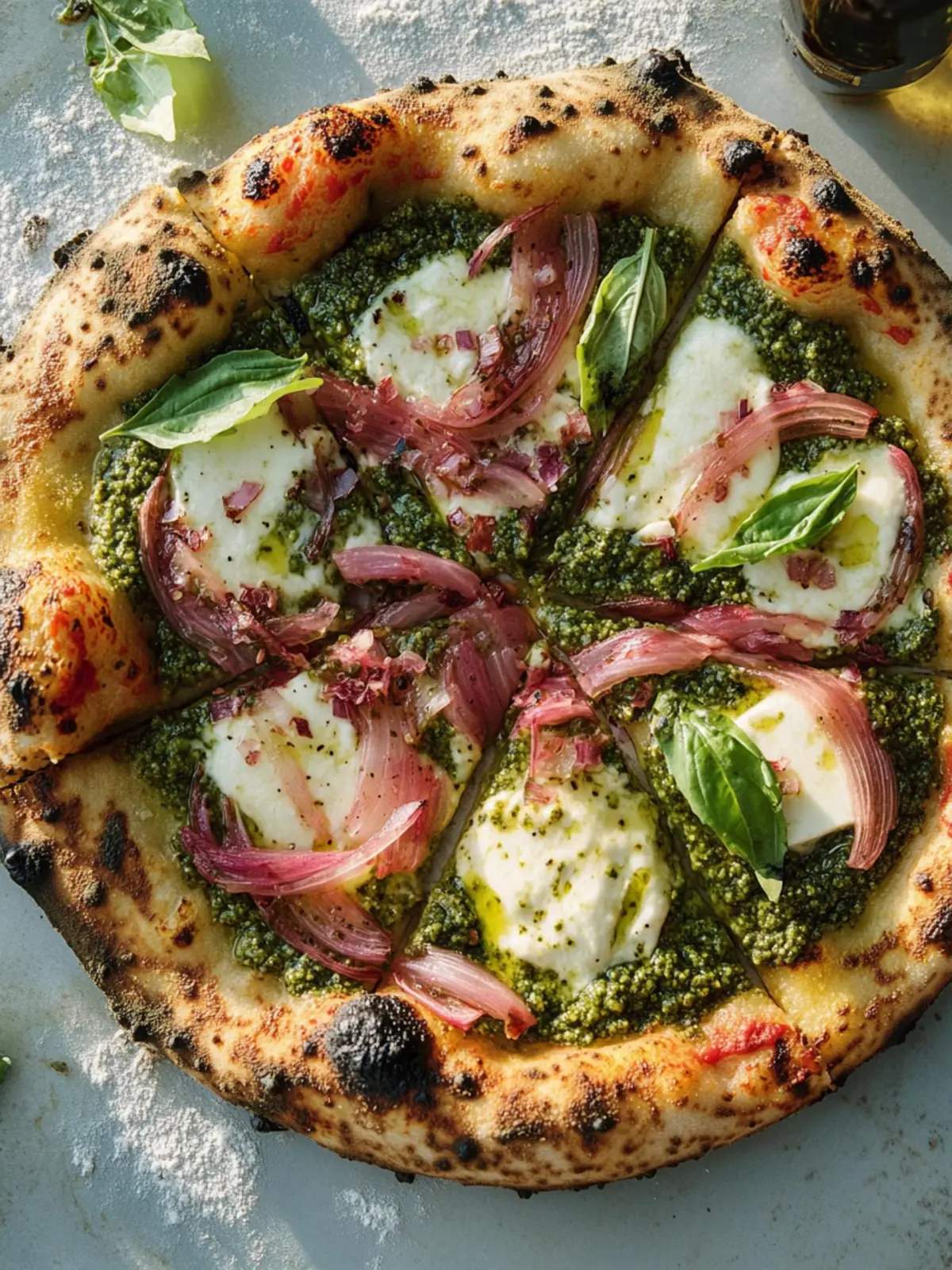 Pizza with pesto, pickled onions and mozzarella