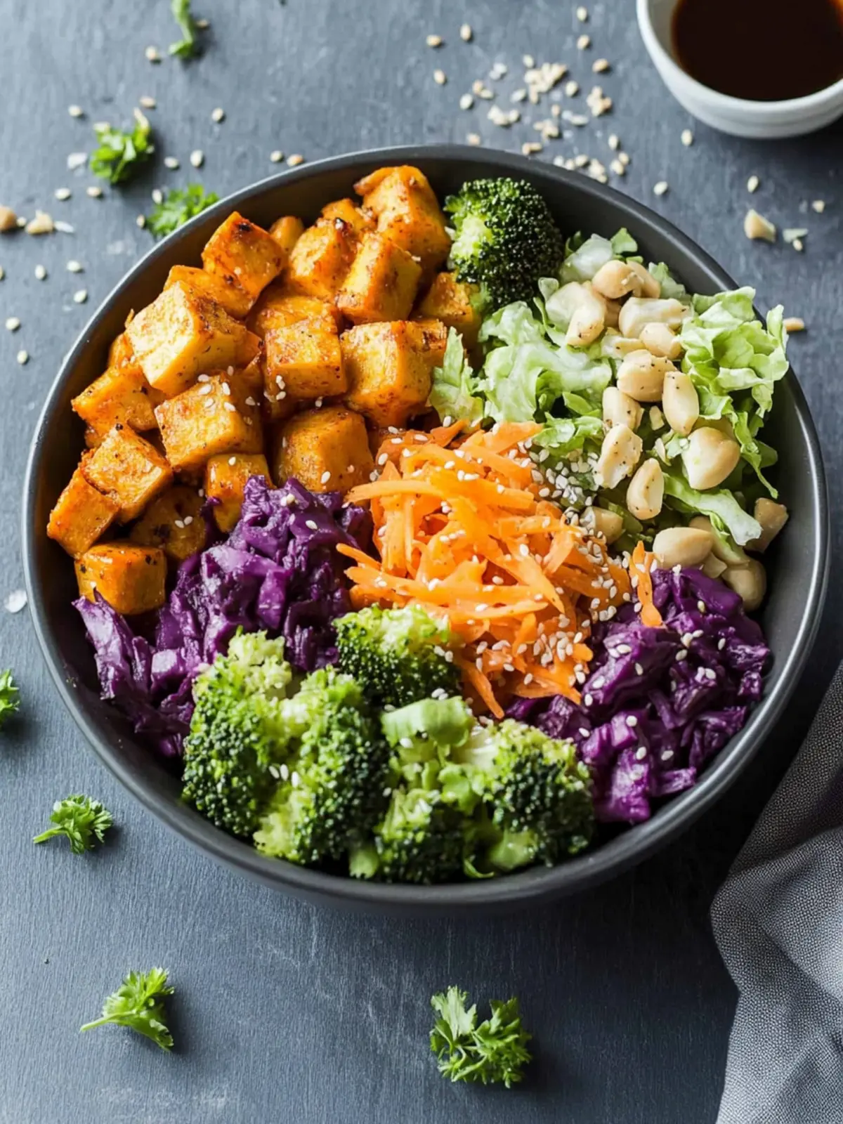 Vegane Buddha-Schüssel mit Brokkoli und Süßkartoffel