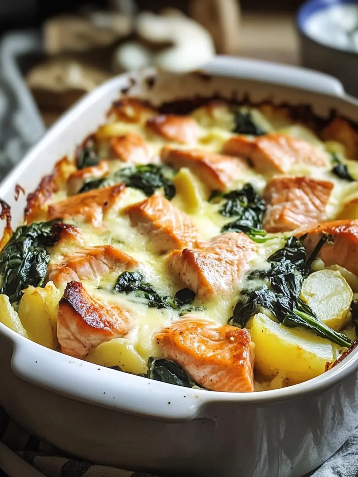 Salmon spinach potato casserole for connoisseurs