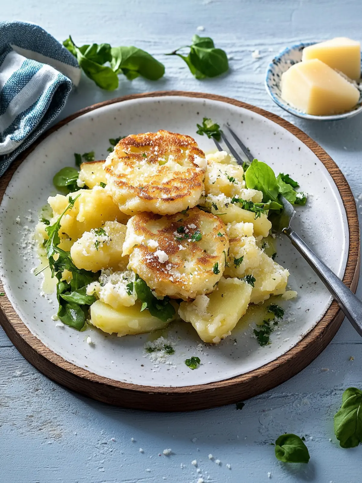 Herzhafte Küchlein mit Kartoffeln, Parmesan und Schnittlauch (vier mal anders) mit Blattsalat