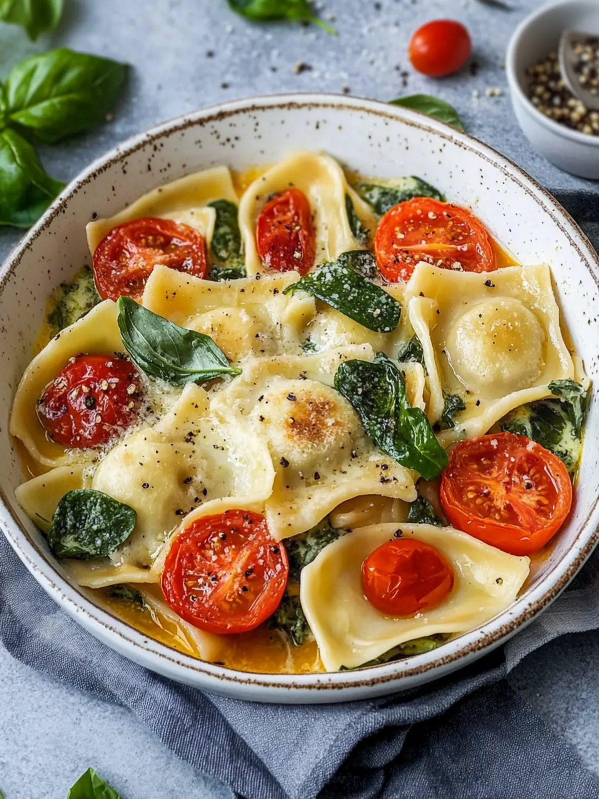 Maultaschen casserole with spinach and tomato sauce