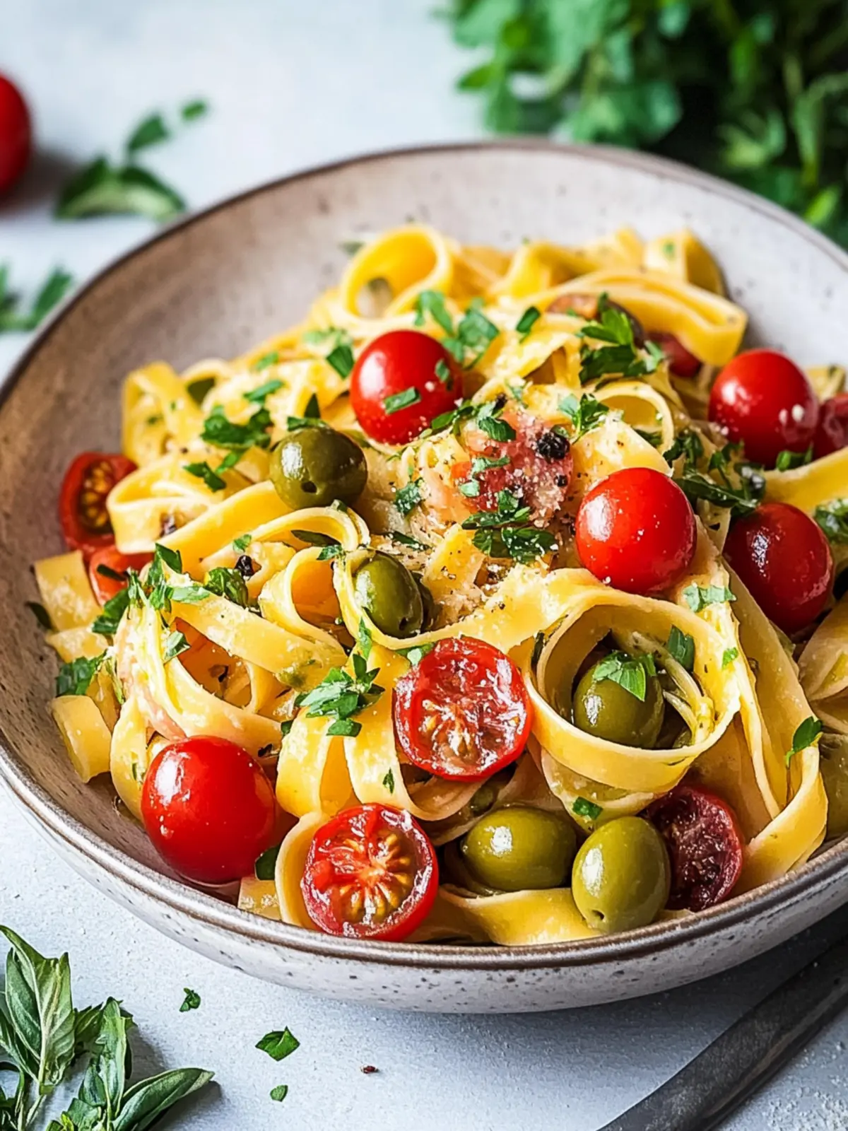 Mediterrane Ein-Topf-Pasta mit Kirschtomaten, Erbsen und Oliven