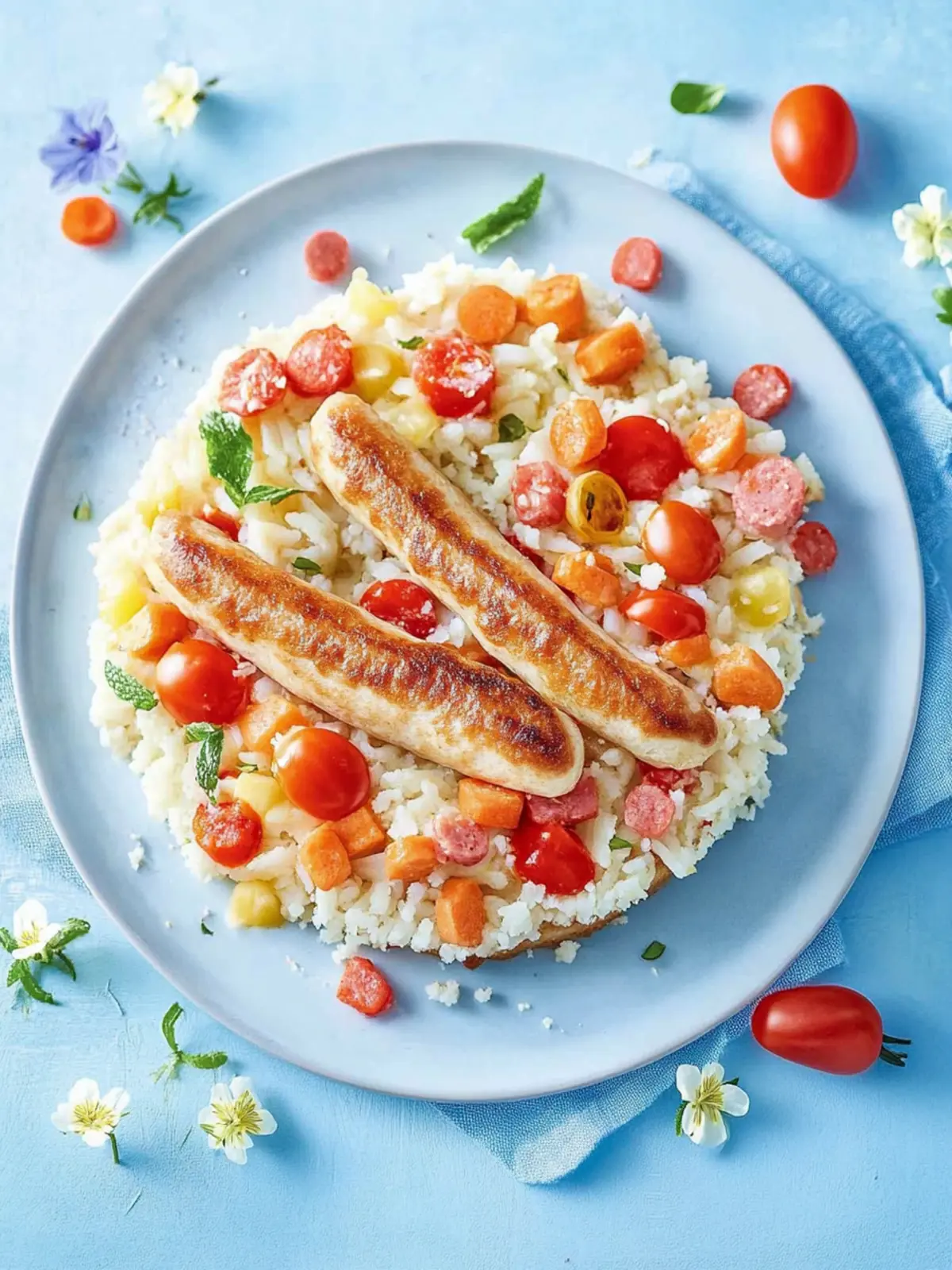 Konfetti-Reis mit Bratwürstchen