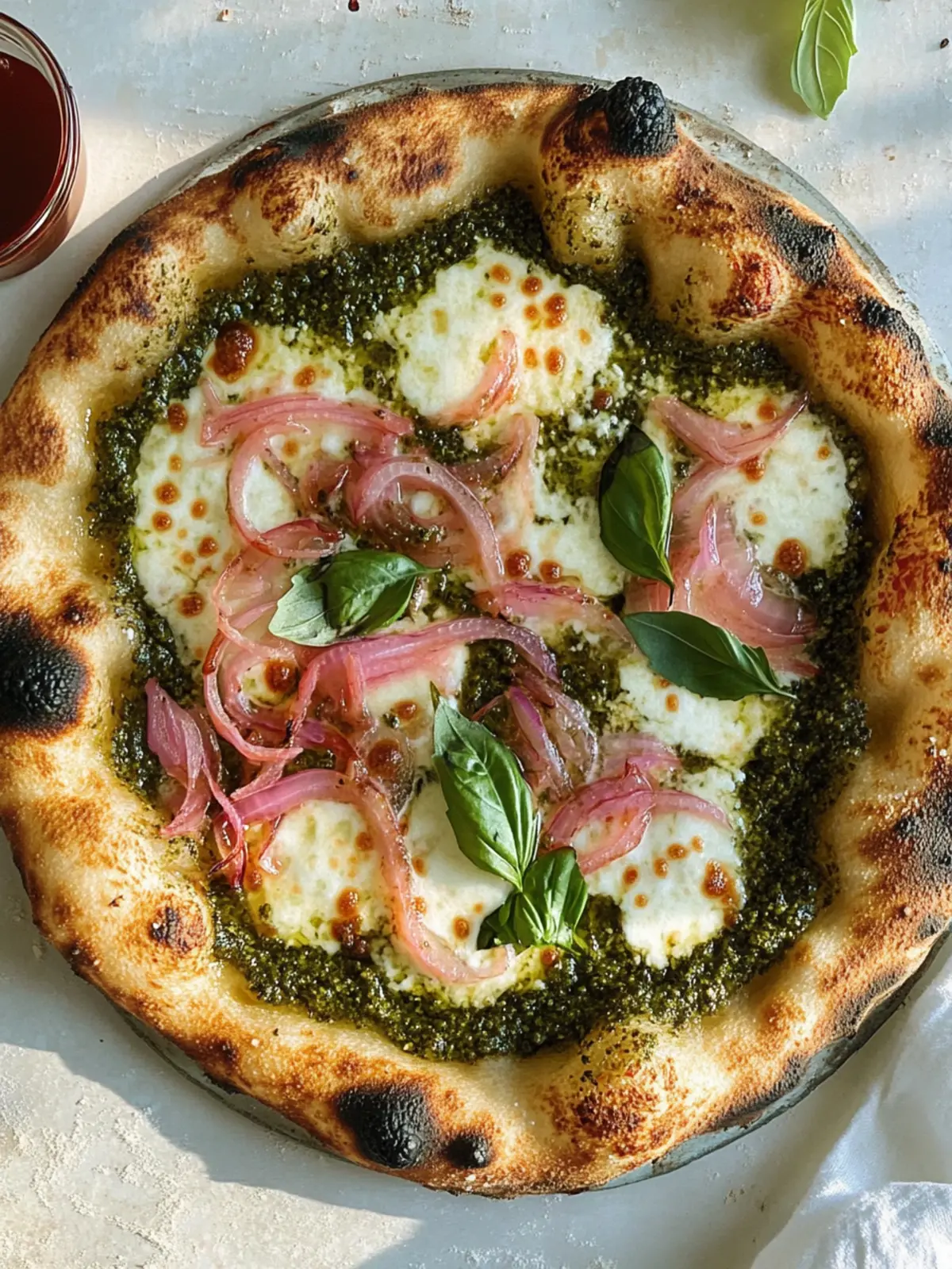 Pizza with pesto, pickled onions and mozzarella