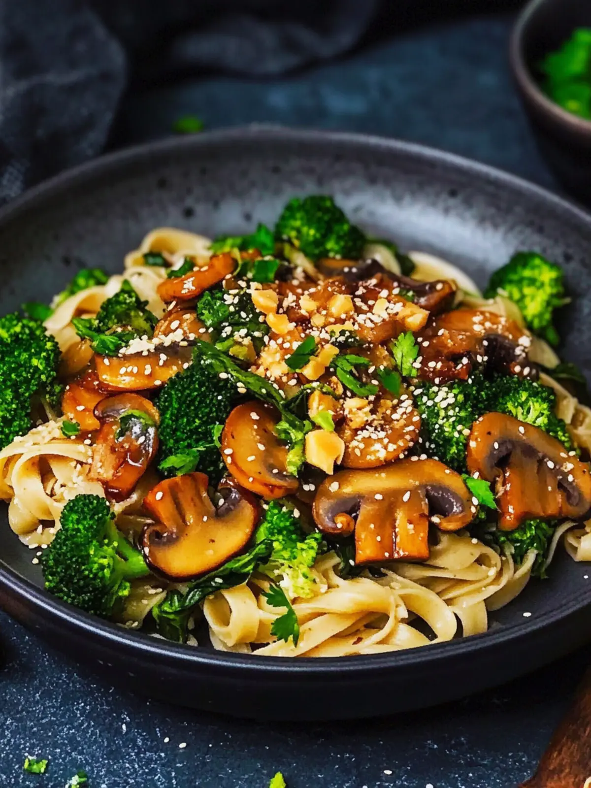 Champignon-Brokkoli-Pfanne auf Reisnudeln