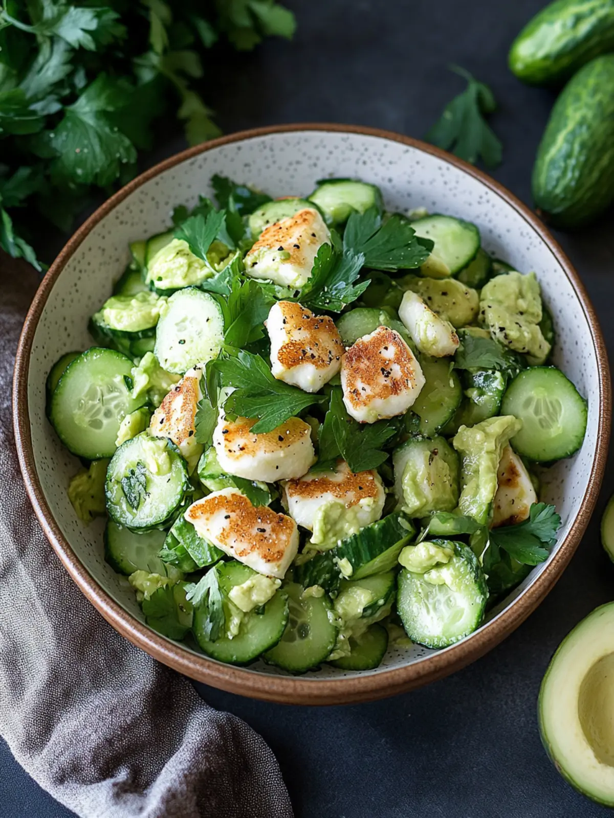 Refreshing avocado cucumber salad with halloumi cheese