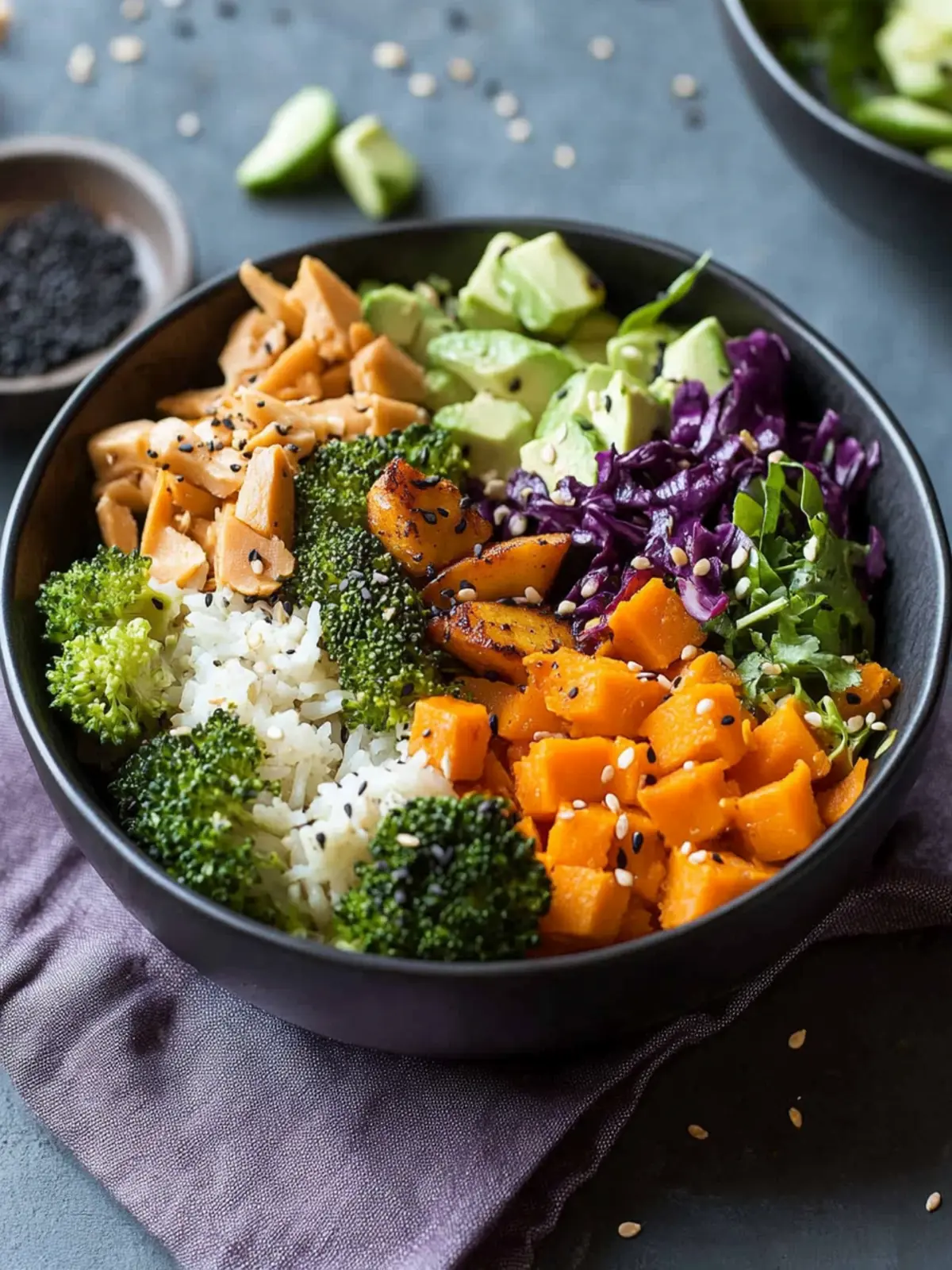 Vegane Buddha-Schüssel mit Brokkoli und Süßkartoffel