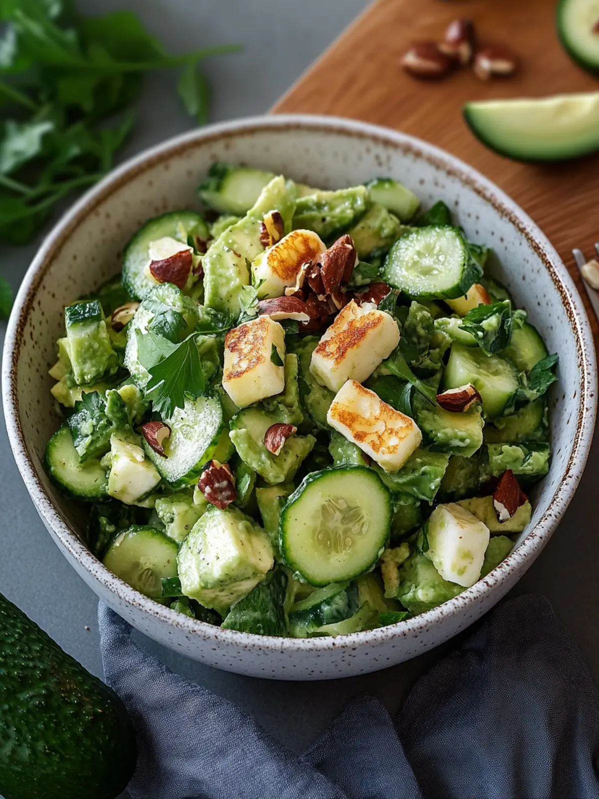 Refreshing avocado cucumber salad with halloumi cheese