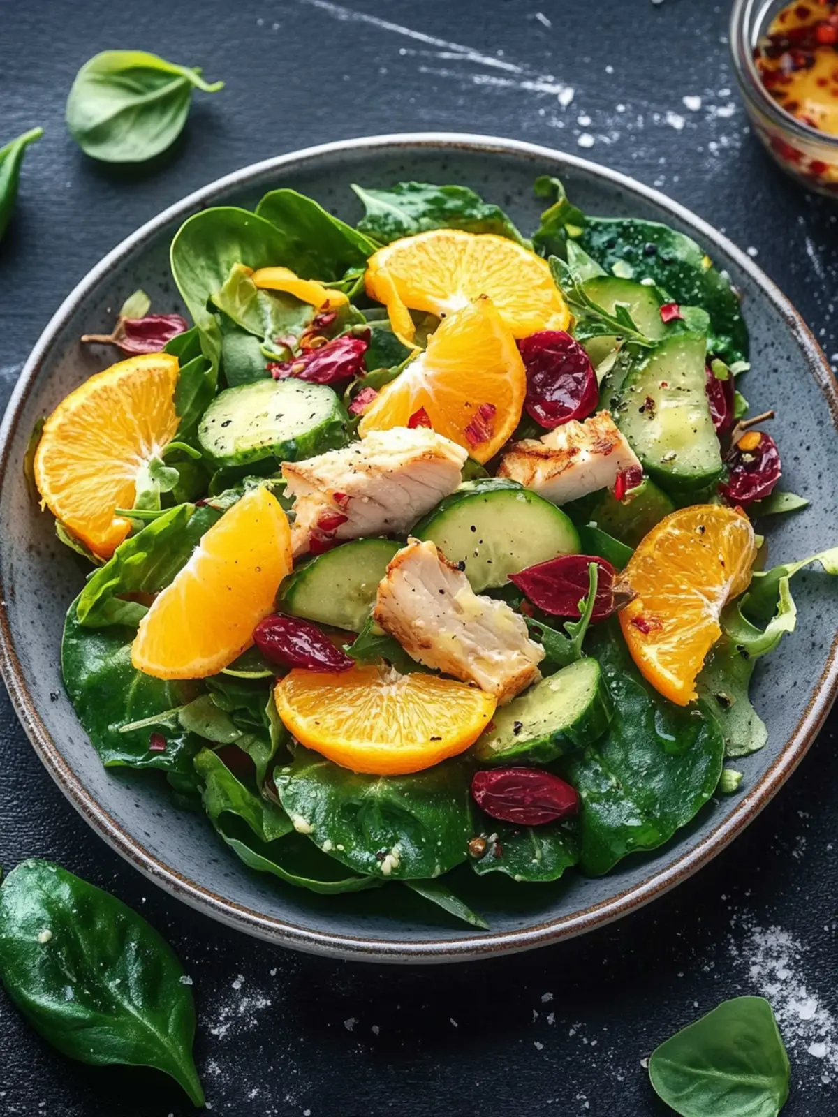 Salat mit Hähnchen, Orangen und Chilidressing