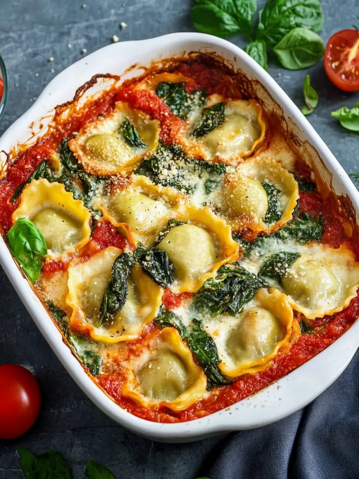 Maultaschen casserole with spinach and tomato sauce
