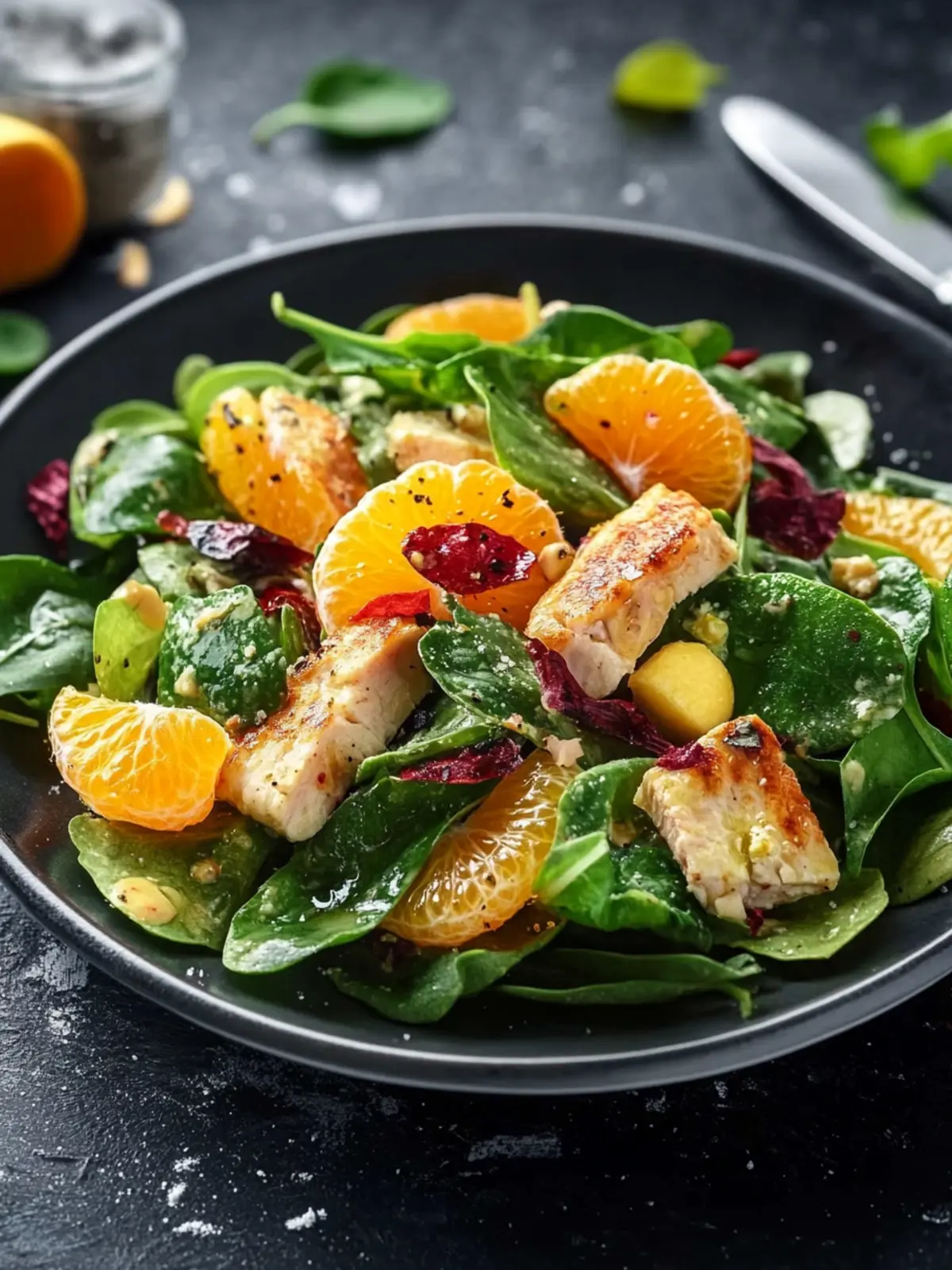 Salat mit Hähnchen, Orangen und Chilidressing
