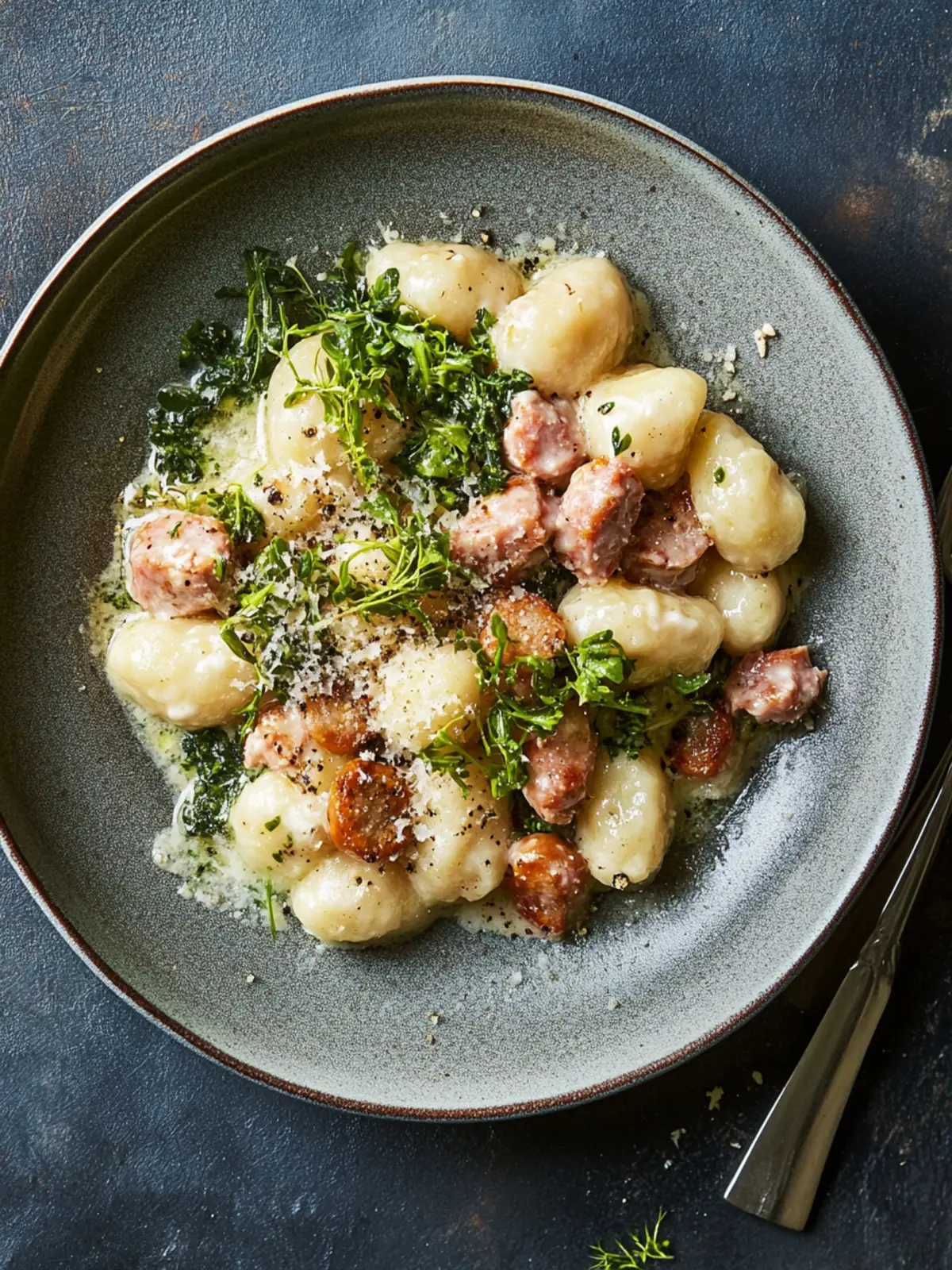 Cremige Gnocchi mit Boursin, Wurst und Grünkohl