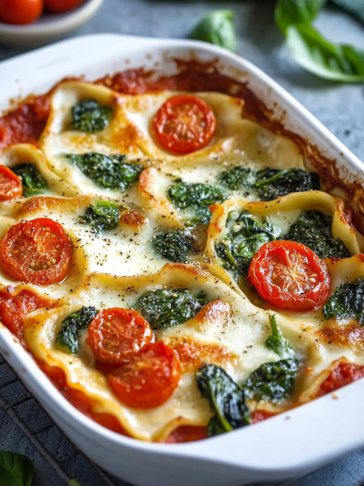 Maultaschen-Auflauf mit Spinat und Tomatensoße