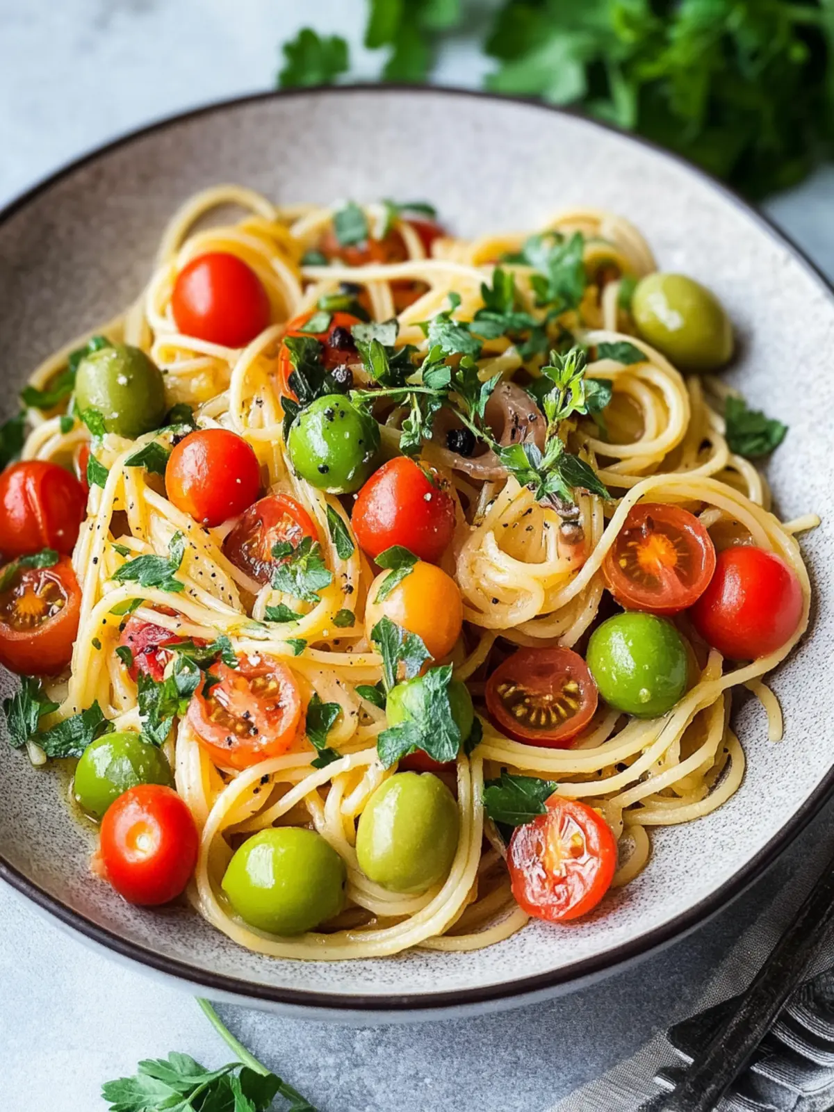 Mediterrane Ein-Topf-Pasta mit Kirschtomaten, Erbsen und Oliven