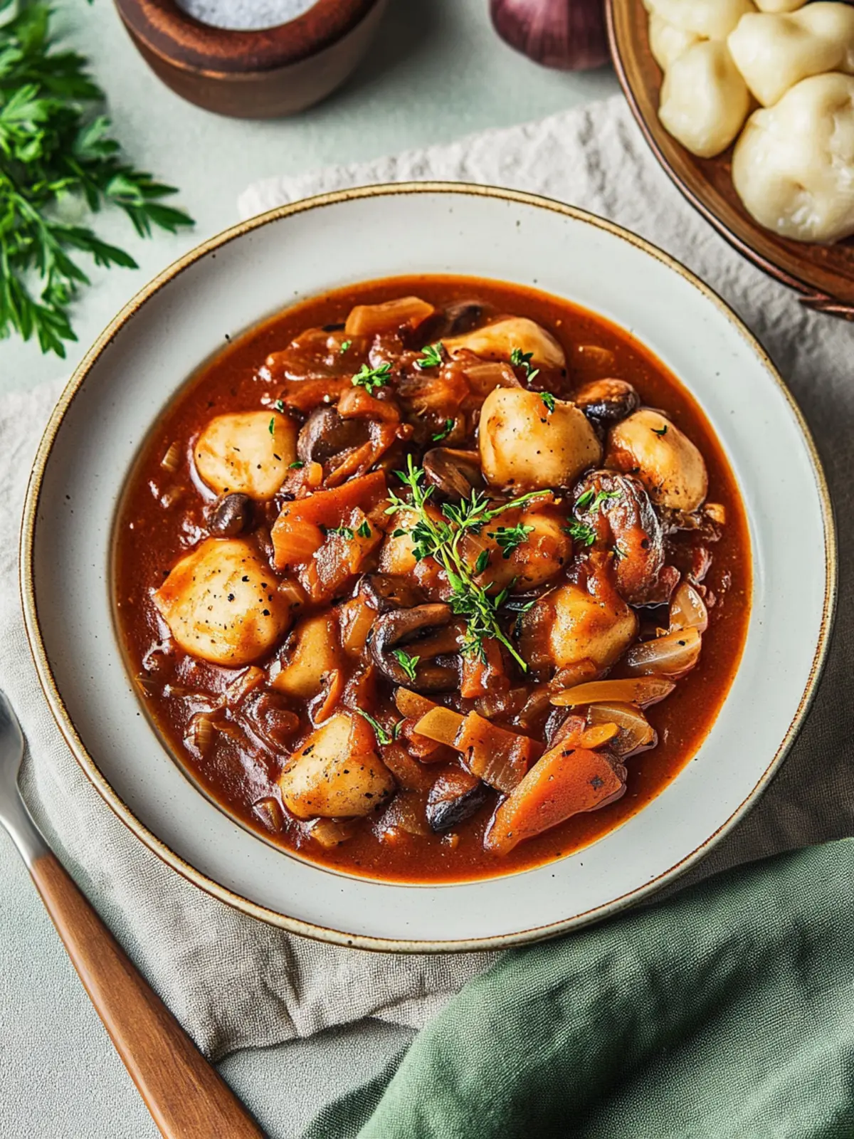 Veganes Gulasch mit Pilzen und Semmelknödeln