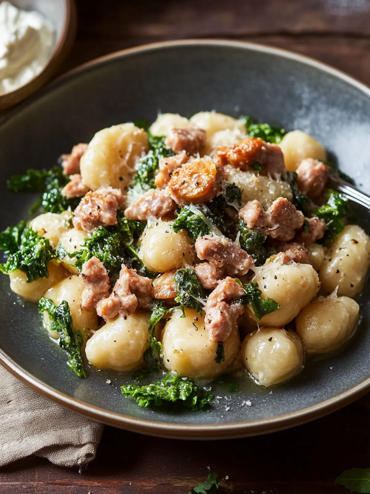Cremige Gnocchi mit Boursin, Wurst und Grünkohl