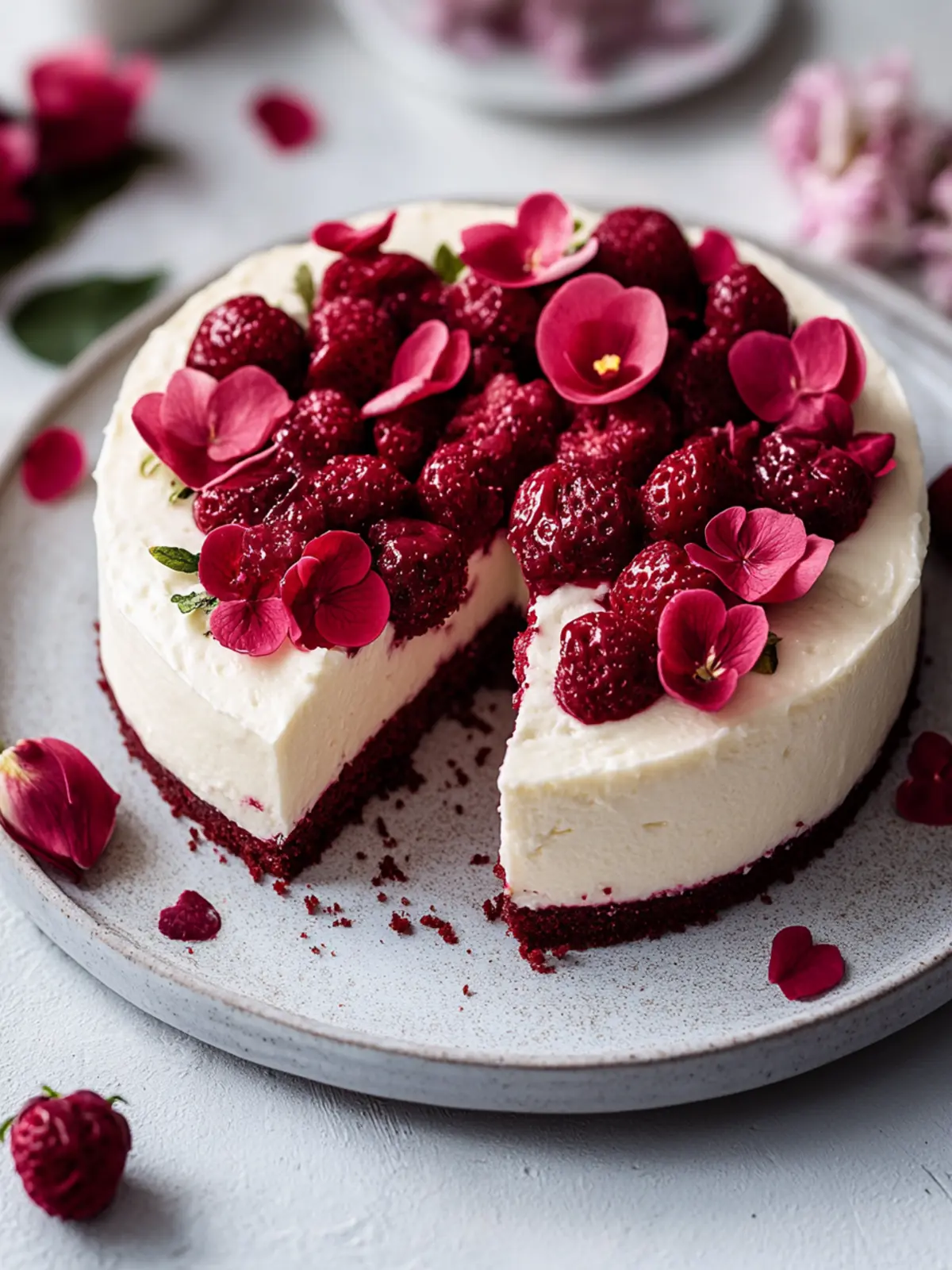 Valentinstorte vom Big Green Egg: Rote Samt Herz mit Frischkäsecreme & Rosenblüten