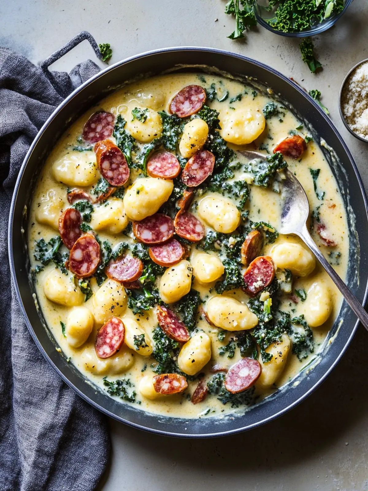 Gnocchi pan with creamy cauliflower sauce, kale and veggie salami