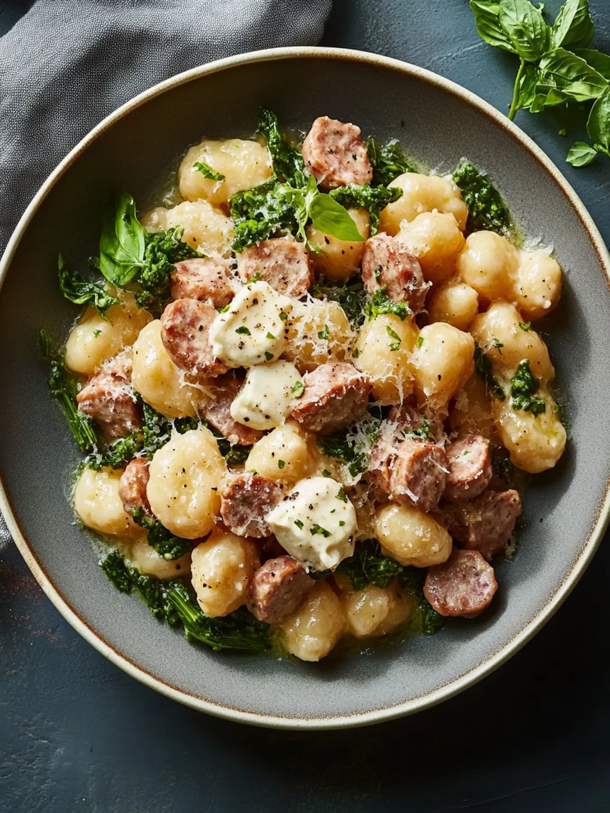 Cremige Gnocchi mit Boursin, Wurst und Grünkohl