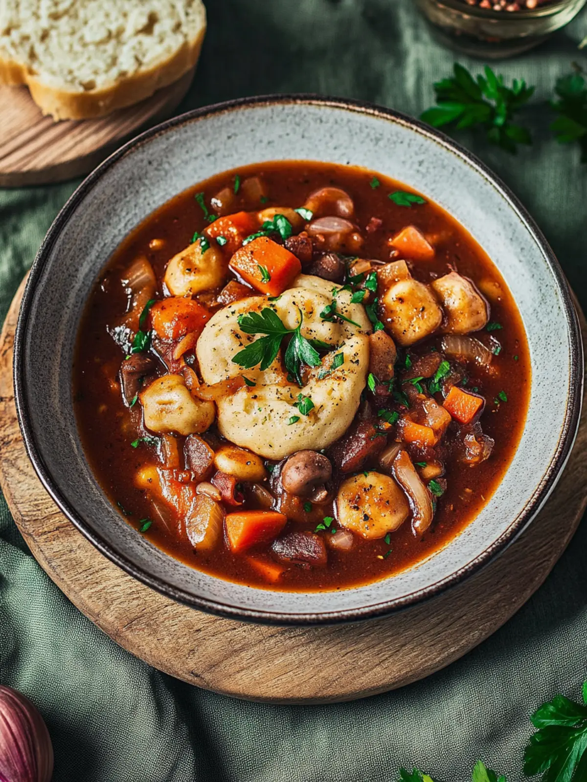 Veganes Gulasch mit Pilzen und Semmelknödeln