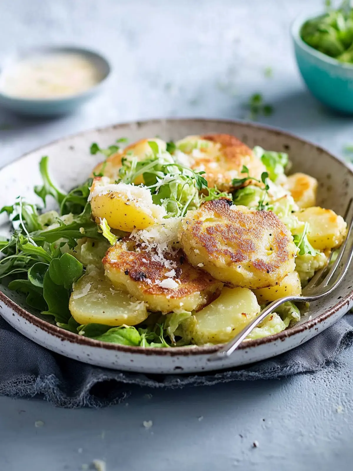 Herzhafte Küchlein mit Kartoffeln, Parmesan und Schnittlauch (vier mal anders) mit Blattsalat