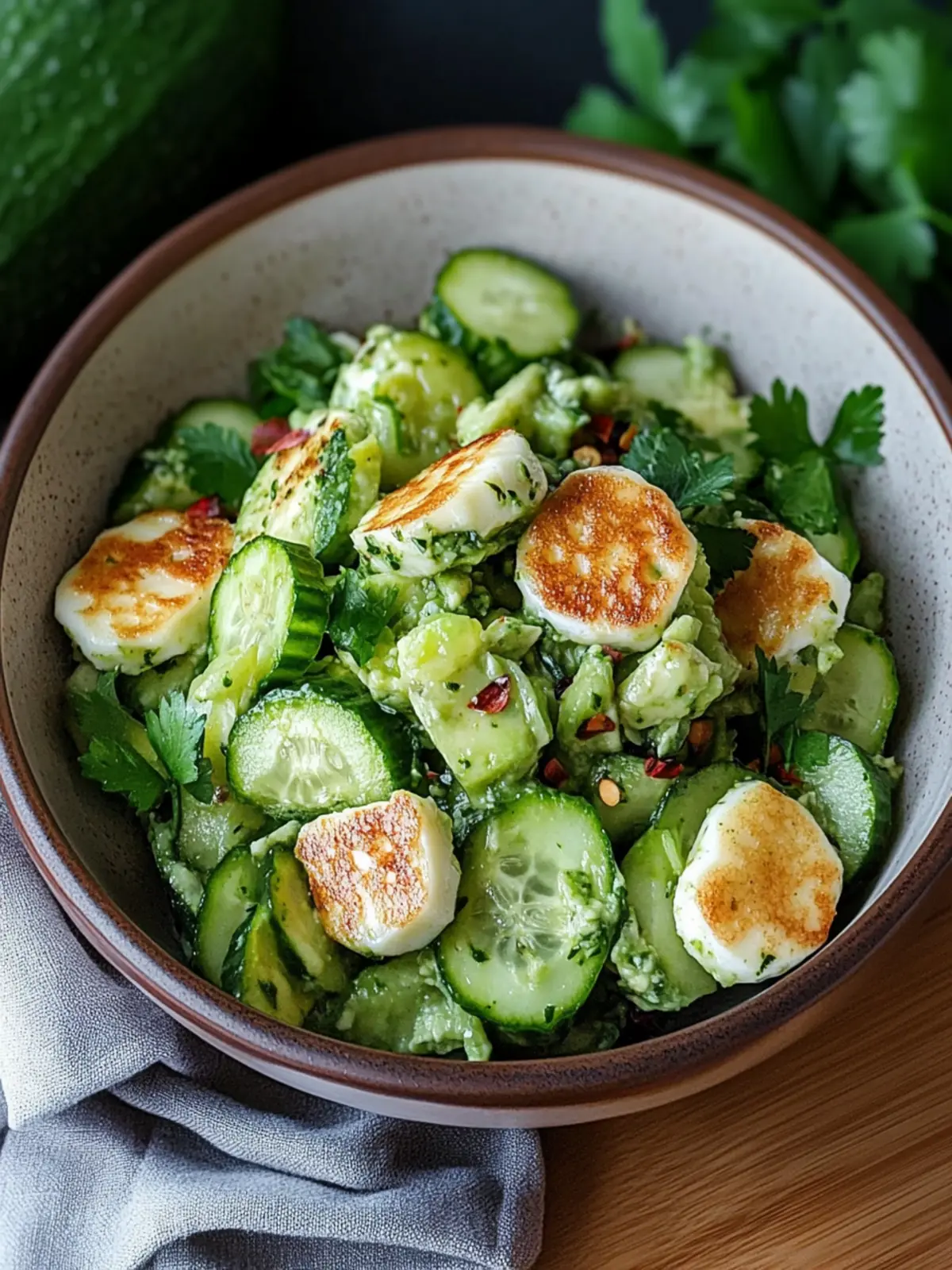 Refreshing avocado cucumber salad with halloumi cheese