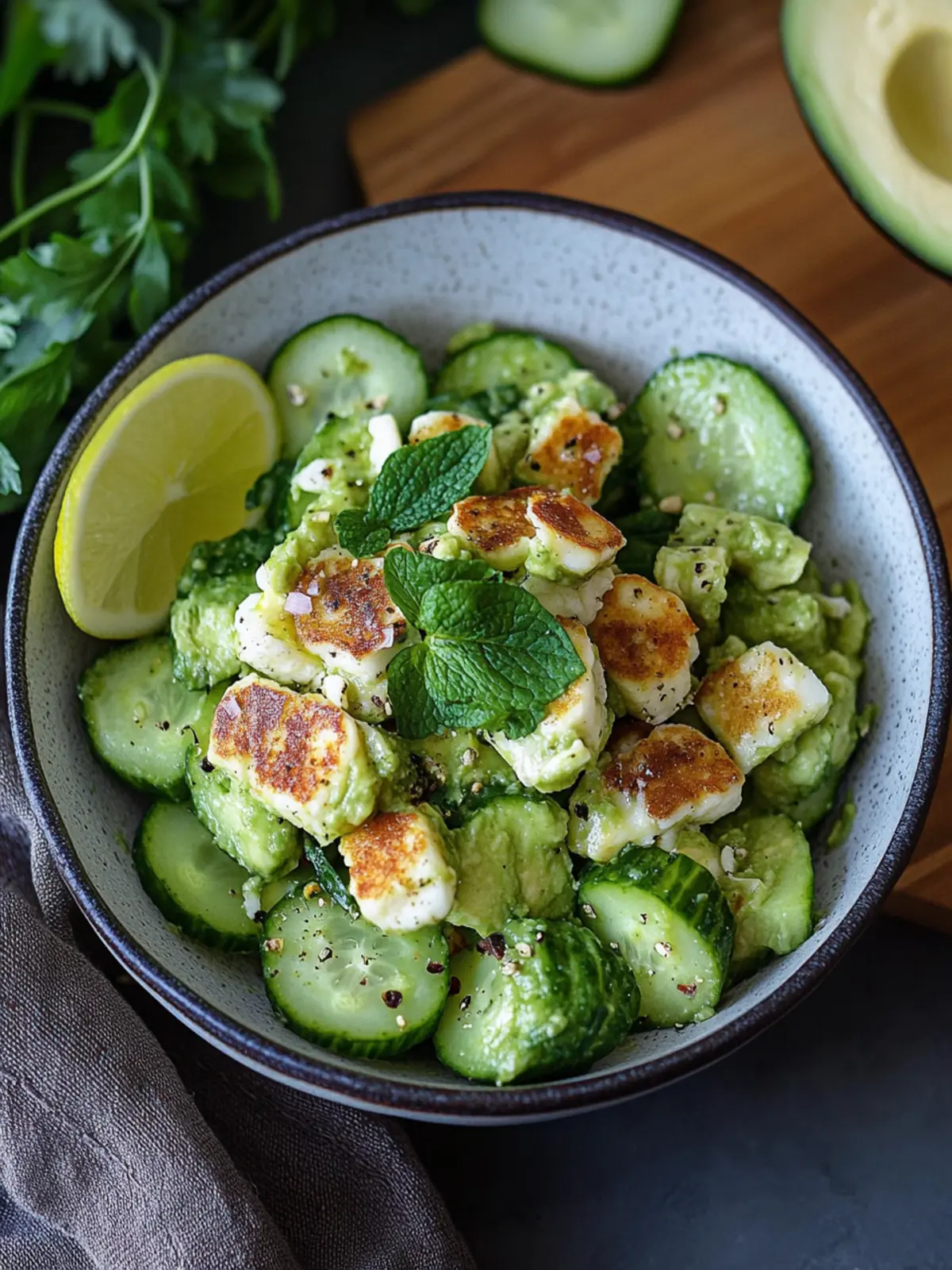 Refreshing avocado cucumber salad with halloumi cheese