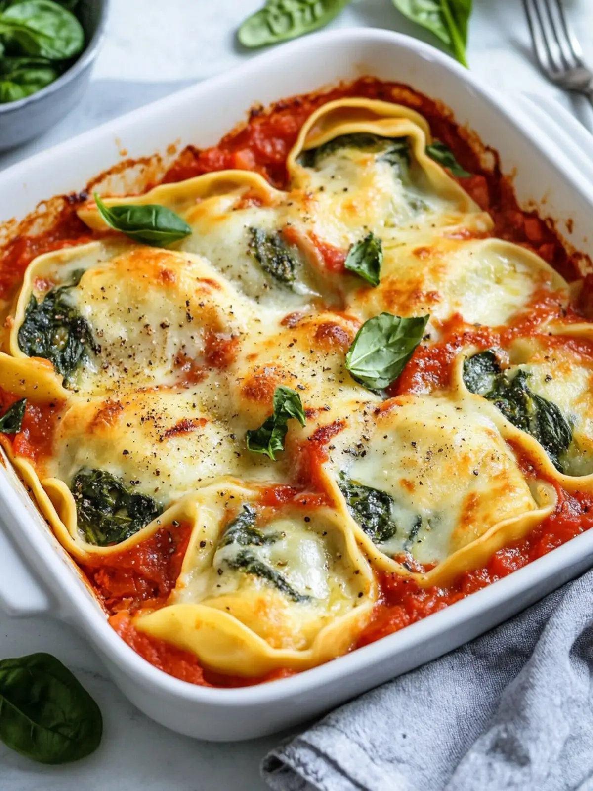 Maultaschen casserole with spinach and tomato sauce