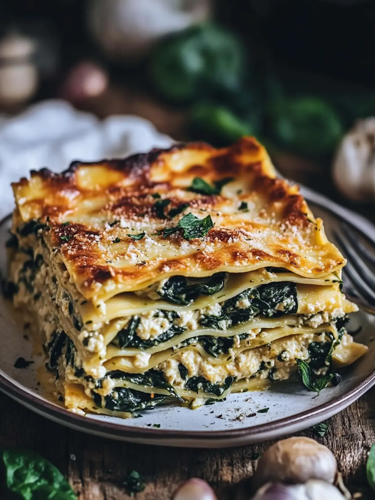Vegane Lasagne mit Spinat und Pilzen