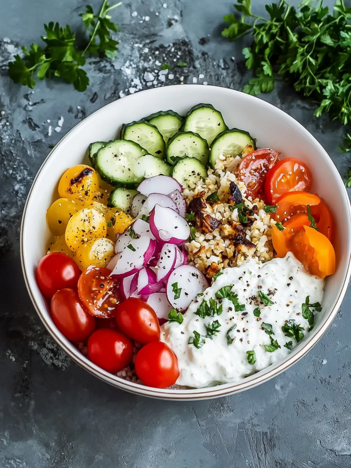 Griechische Hähnchen-Bowl mit Skyr-Zaziki & Vollkornreis
