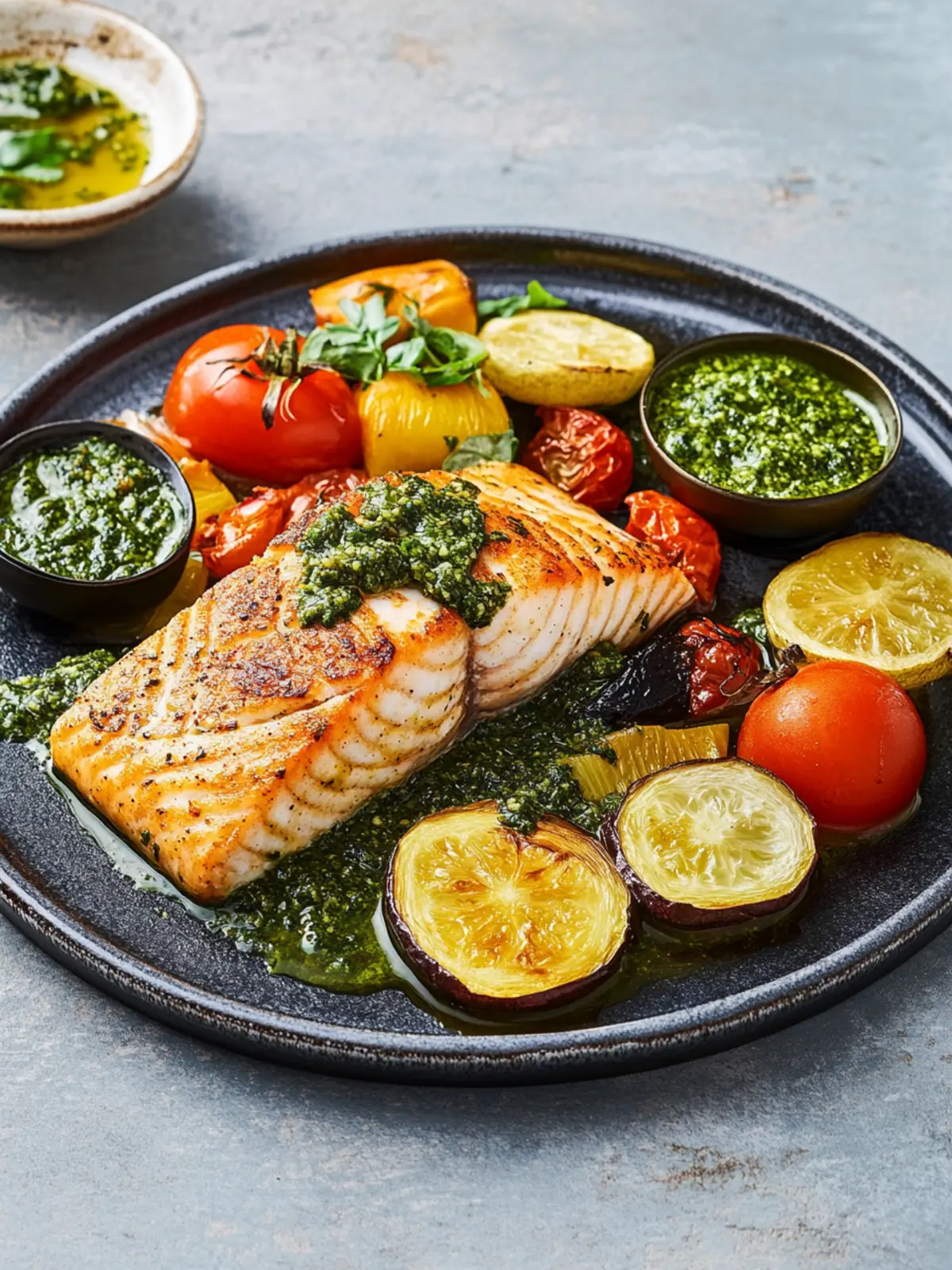 Lachs aus dem Airfryer mit mediterranem Gemüse und Pesto