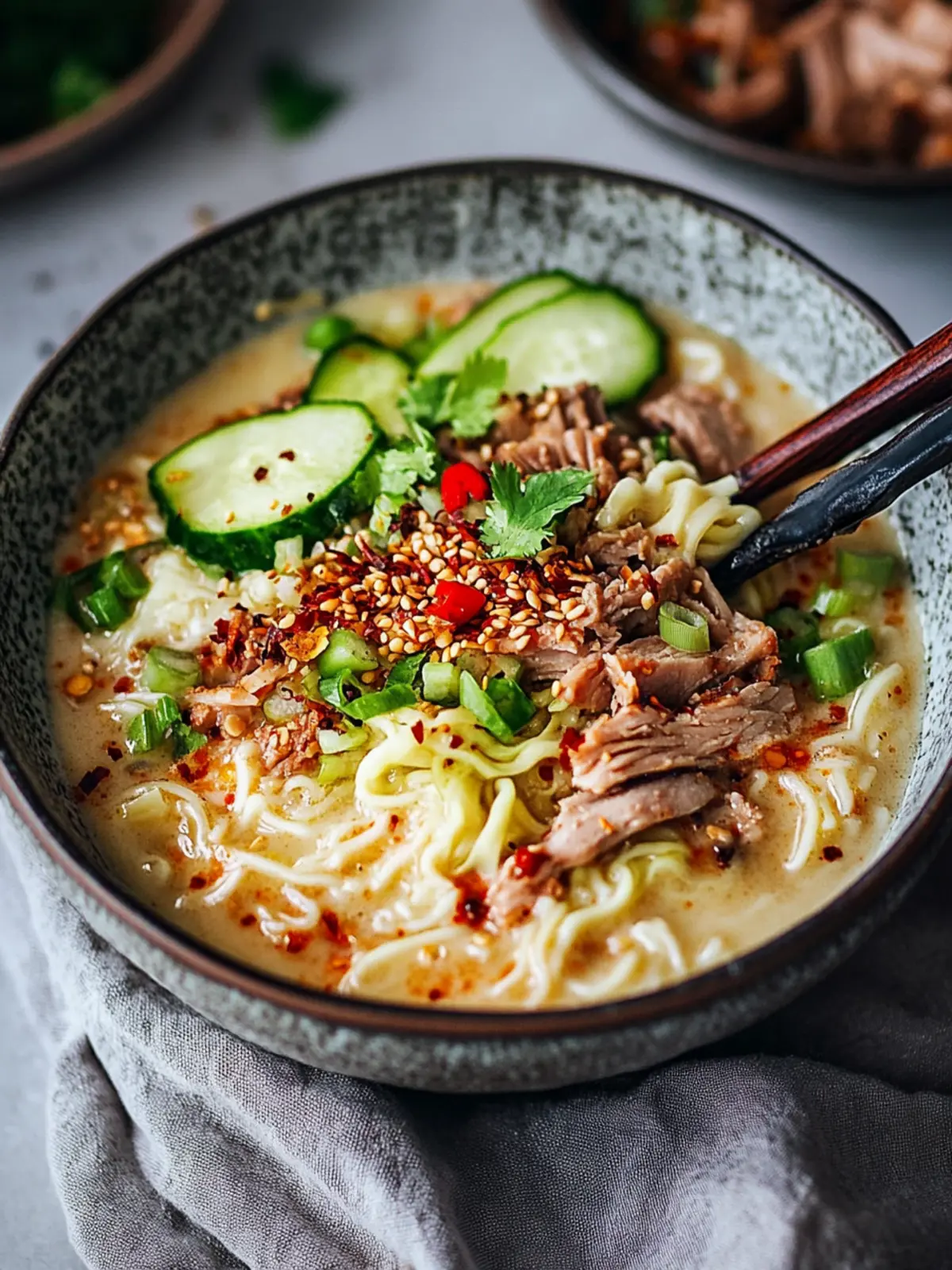 Cremige Kokos-Erdnuss-Ramen mit Chiliöl und veganem Rindfleisch