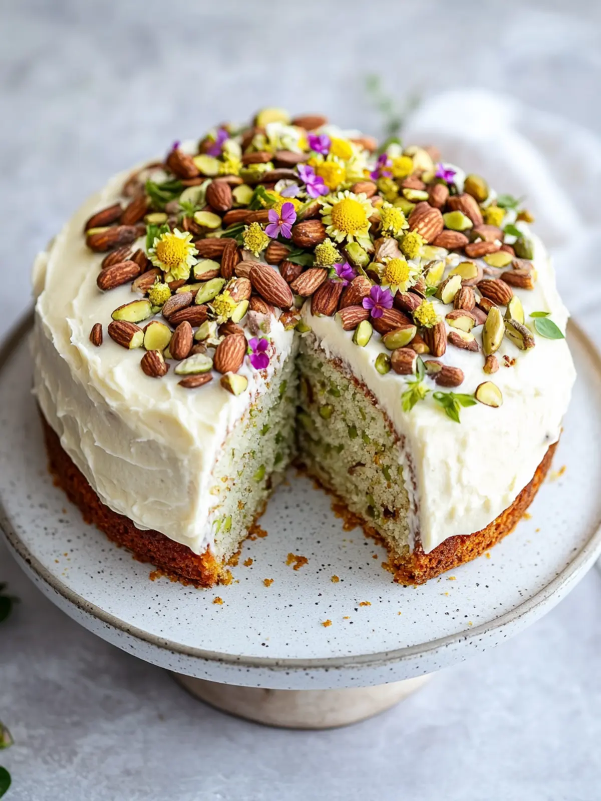 Veganer Karottenpistazienkuchen mit Frischkäse-Frosting