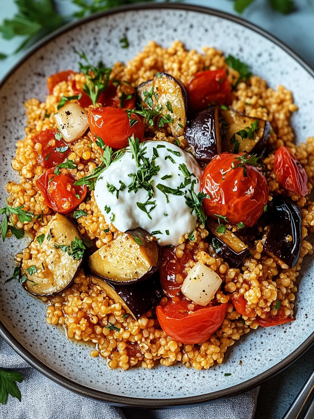 Bulgur mit Tomaten, Auberginen und Joghurt