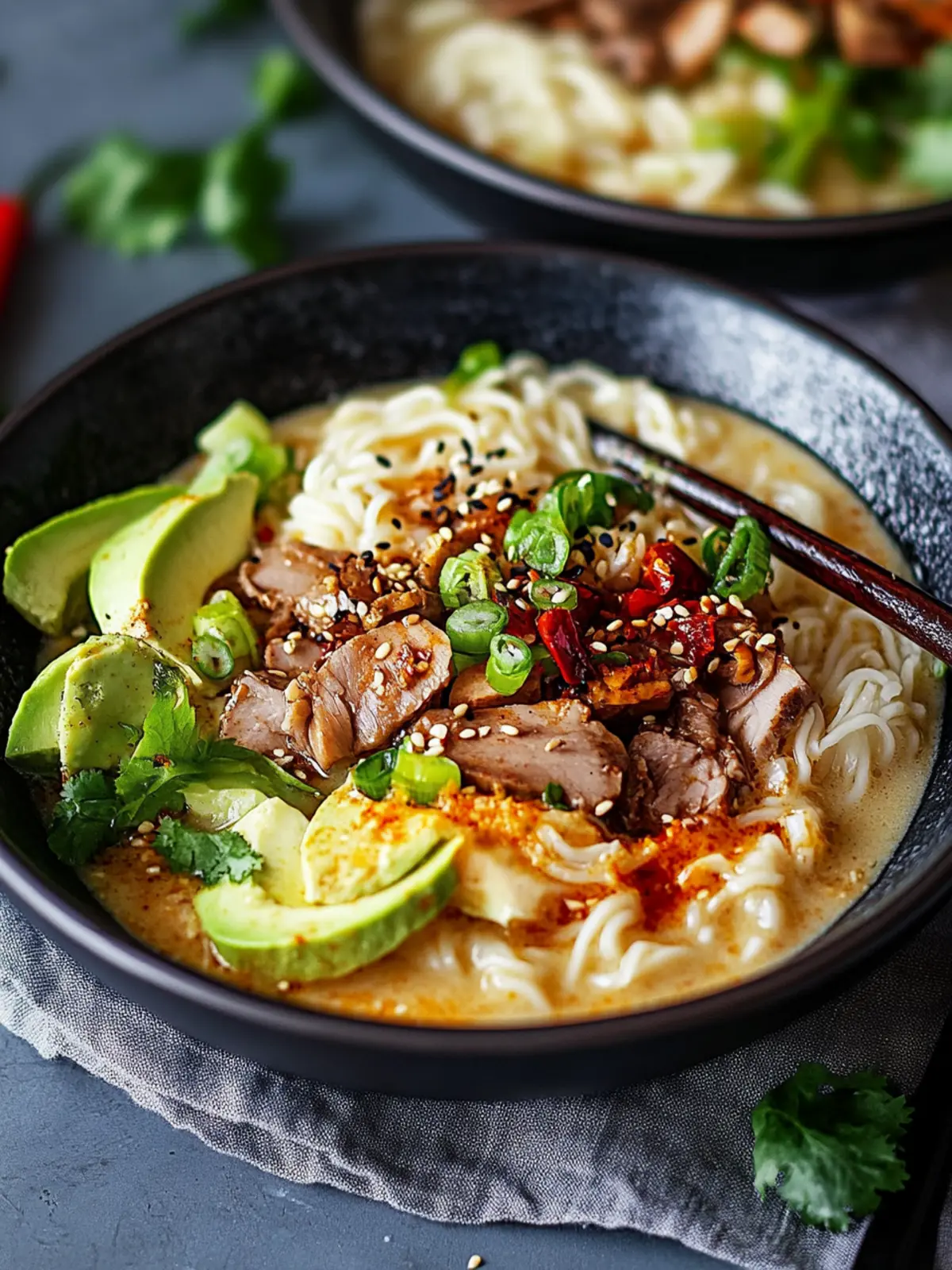 Cremige Kokos-Erdnuss-Ramen mit Chiliöl und veganem Rindfleisch