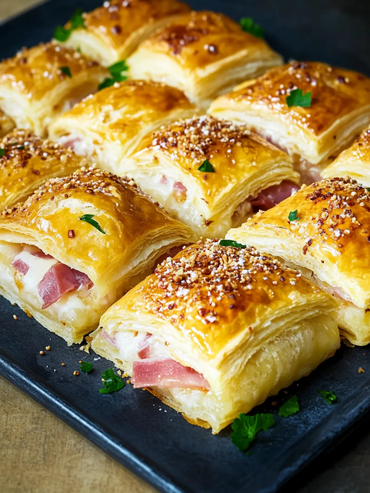 Puff pastry pillows with raclette cheese and ham