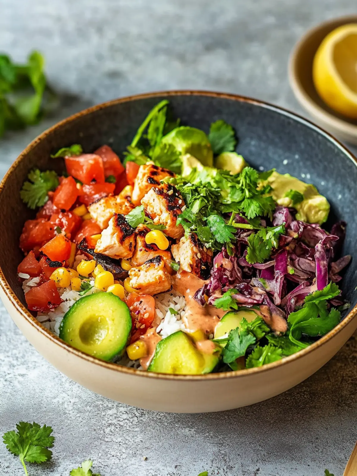 Mexikanische Schüssel mit Hähnchen und Chipotle-Dressing