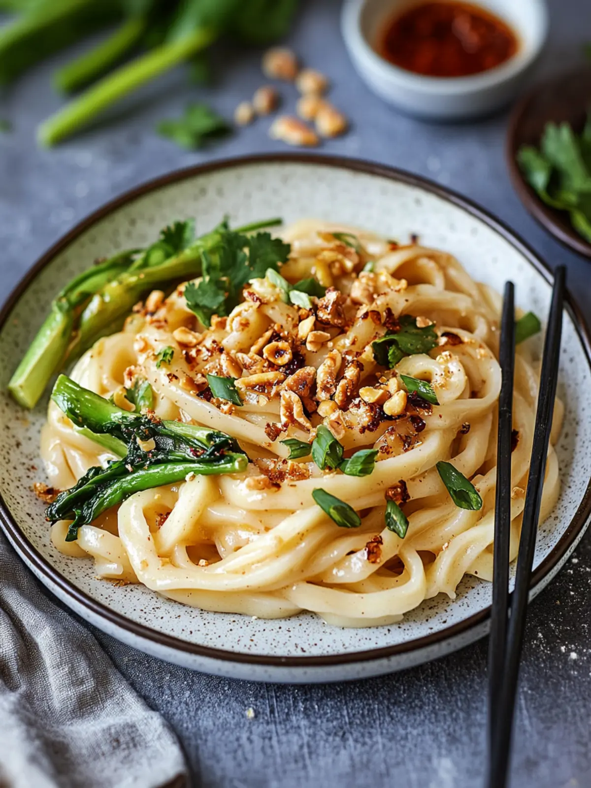 Udon-Nudeln in cremiger Erdnusssauce