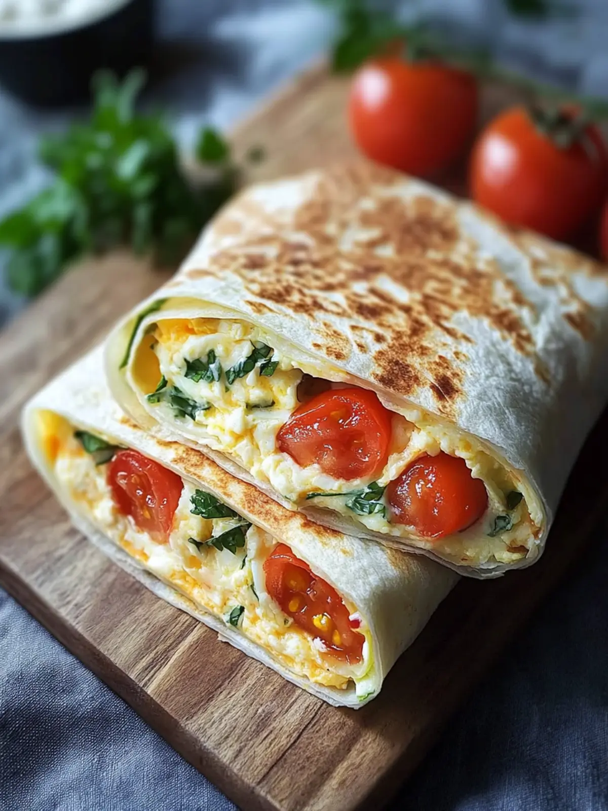 Frühstückswrap mit Ei, Käse und Tomaten