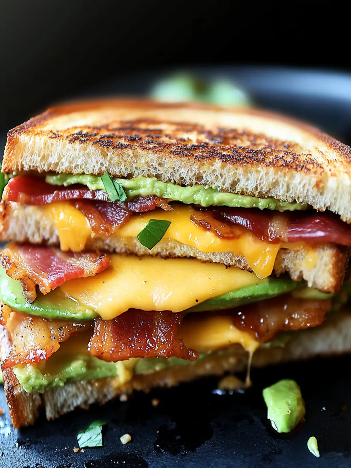 Gegrilltes Sandwich mit Avocado, Speck und Käse