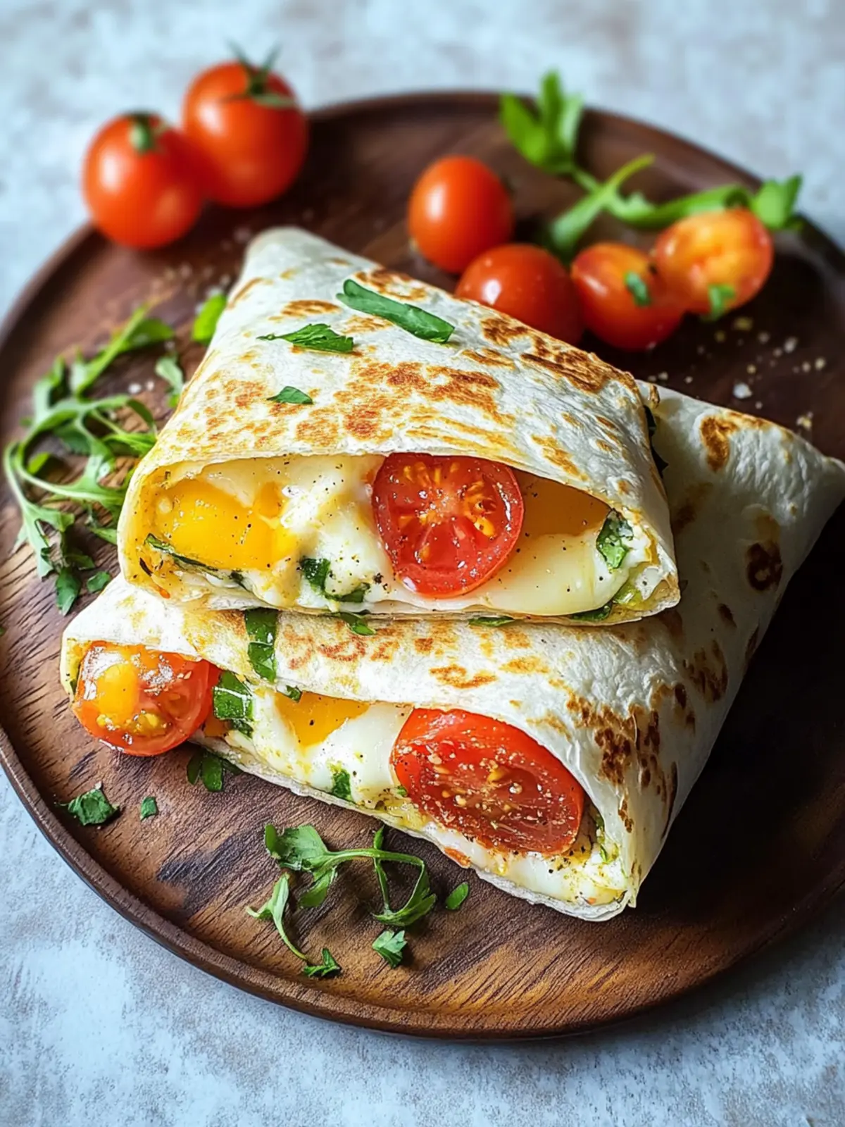 Frühstückswrap mit Ei, Käse und Tomaten