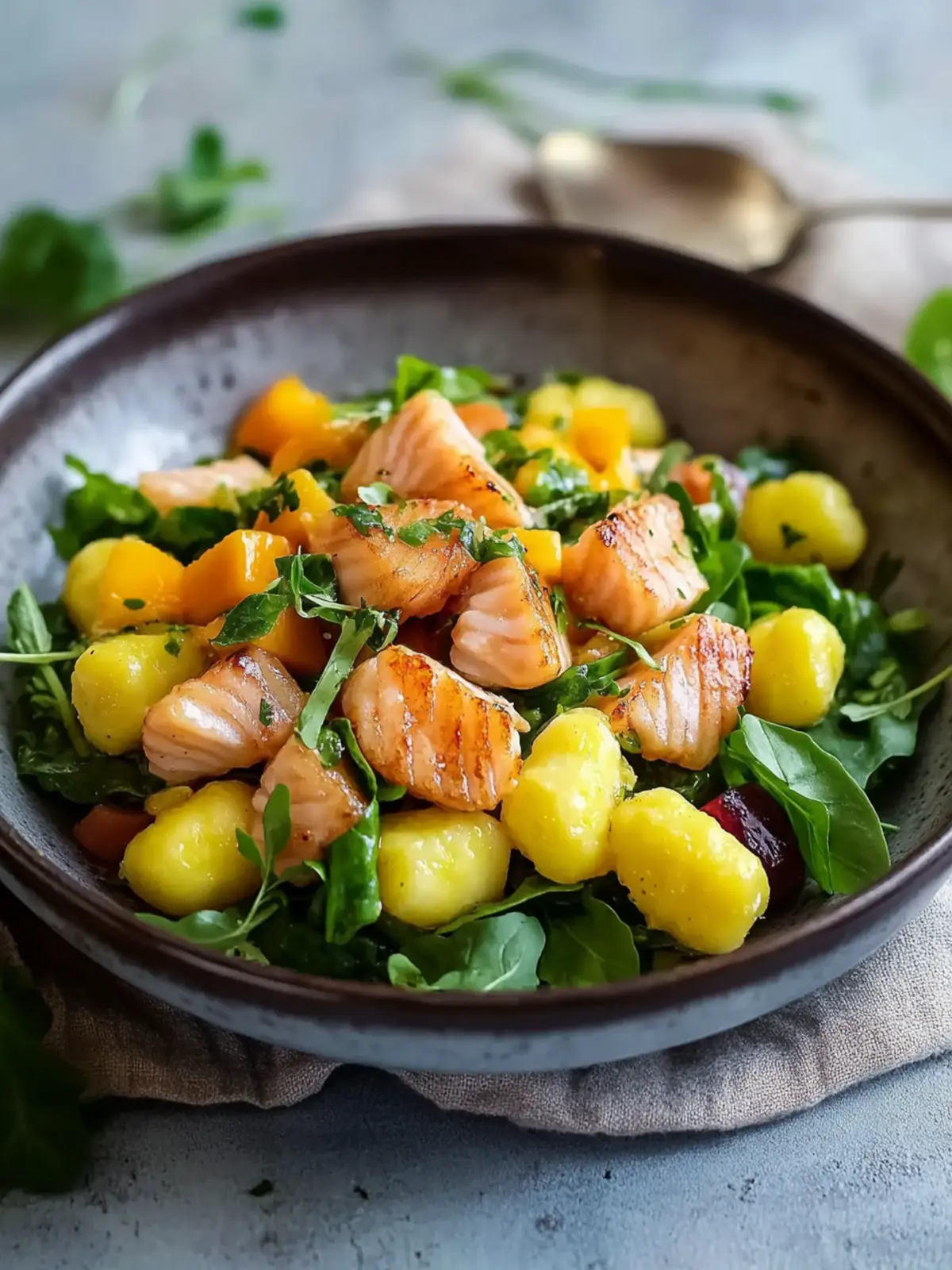 Sommerlicher Gnocchi-Salat mit Mango und Lachs