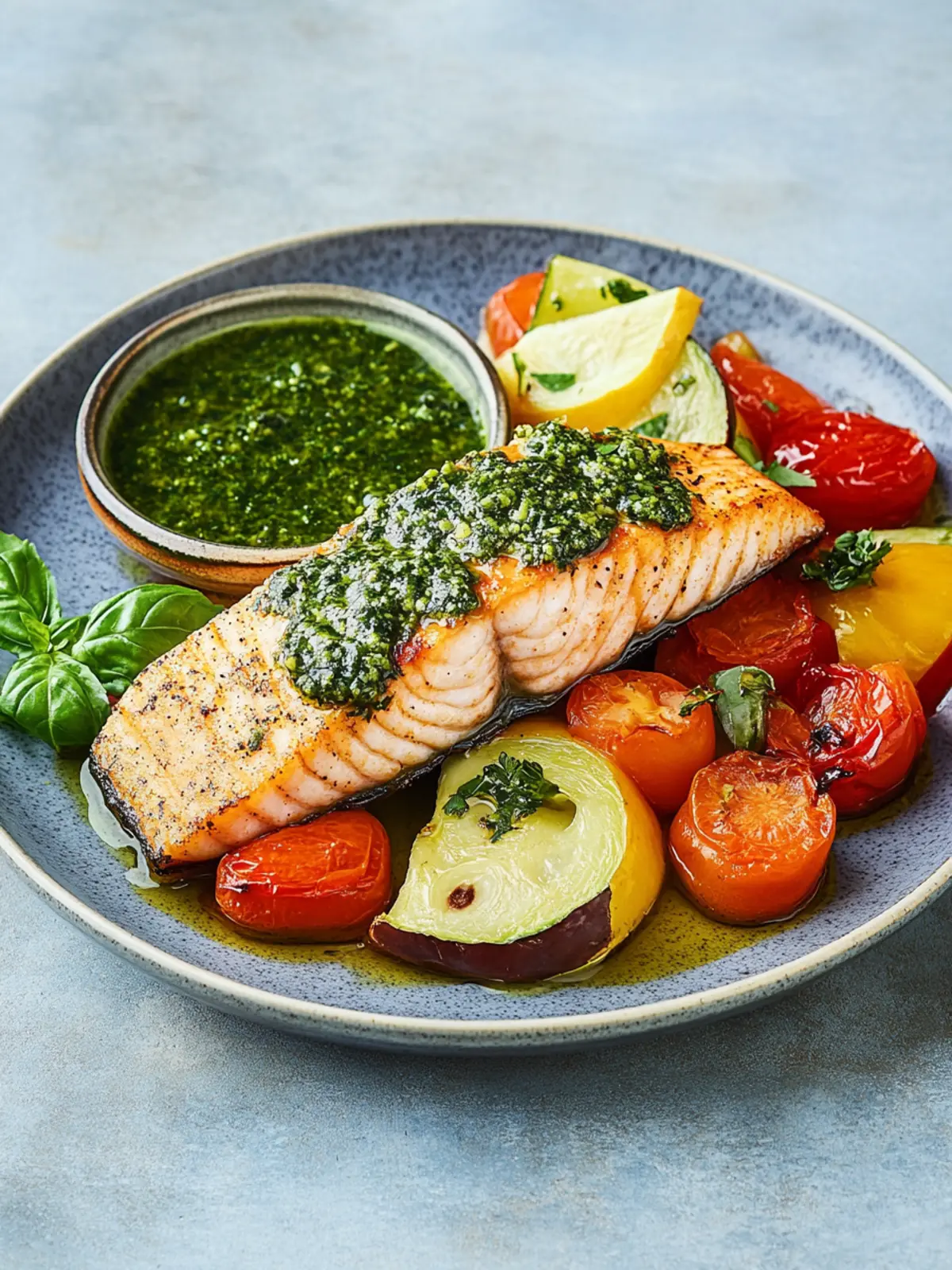 Lachs aus dem Airfryer mit mediterranem Gemüse und Pesto