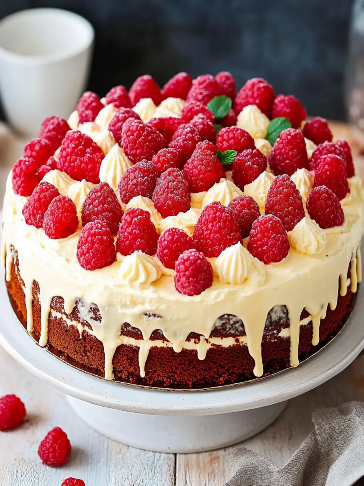 White chocolate cake - with raspberries & ganache