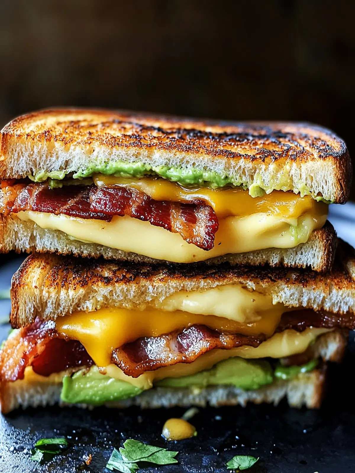 Gegrilltes Sandwich mit Avocado, Speck und Käse