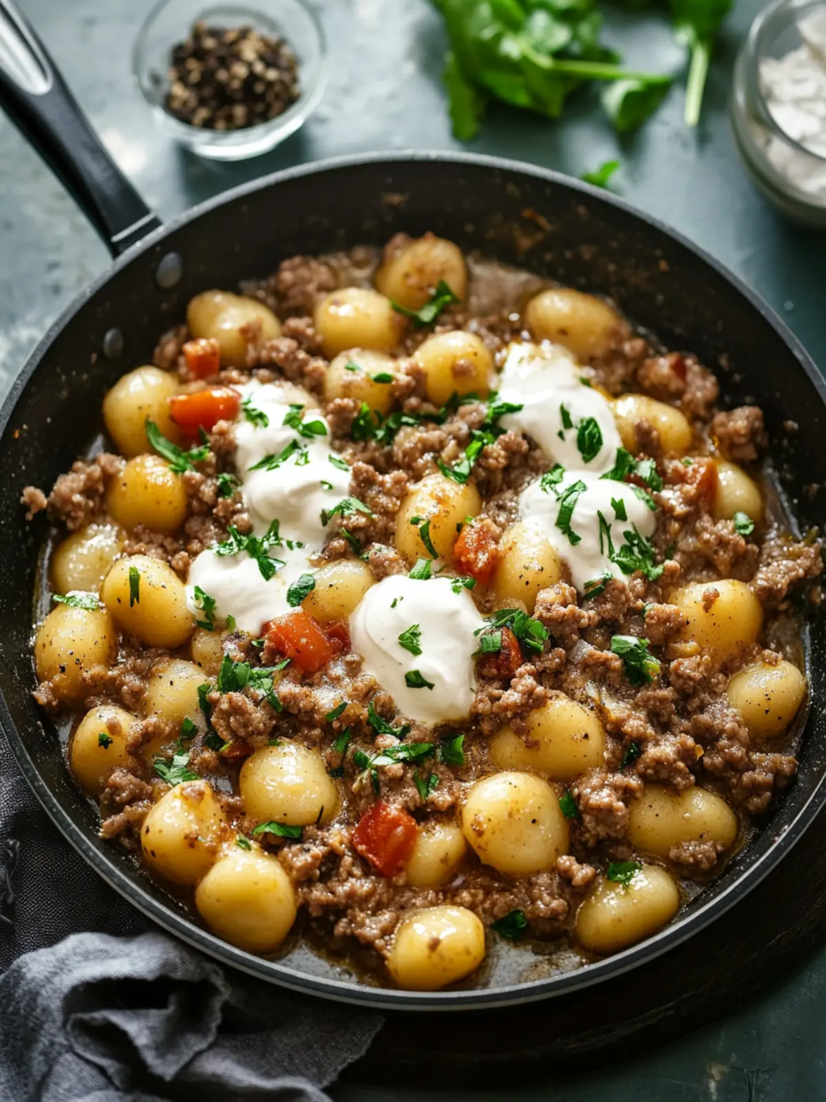 Simple skillet dish with ground meat, gnocchi, and sour cream