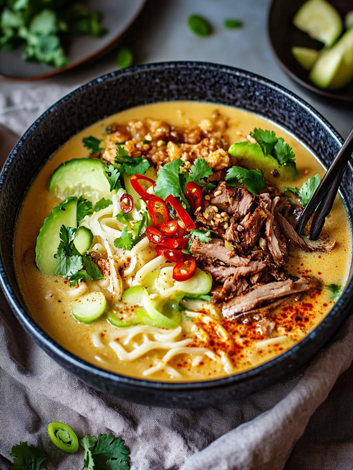 Cremige Kokos-Erdnuss-Ramen mit Chiliöl und veganem Rindfleisch