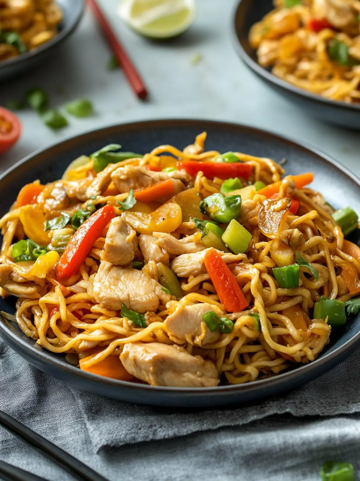 Fried noodles with chicken and vegetables