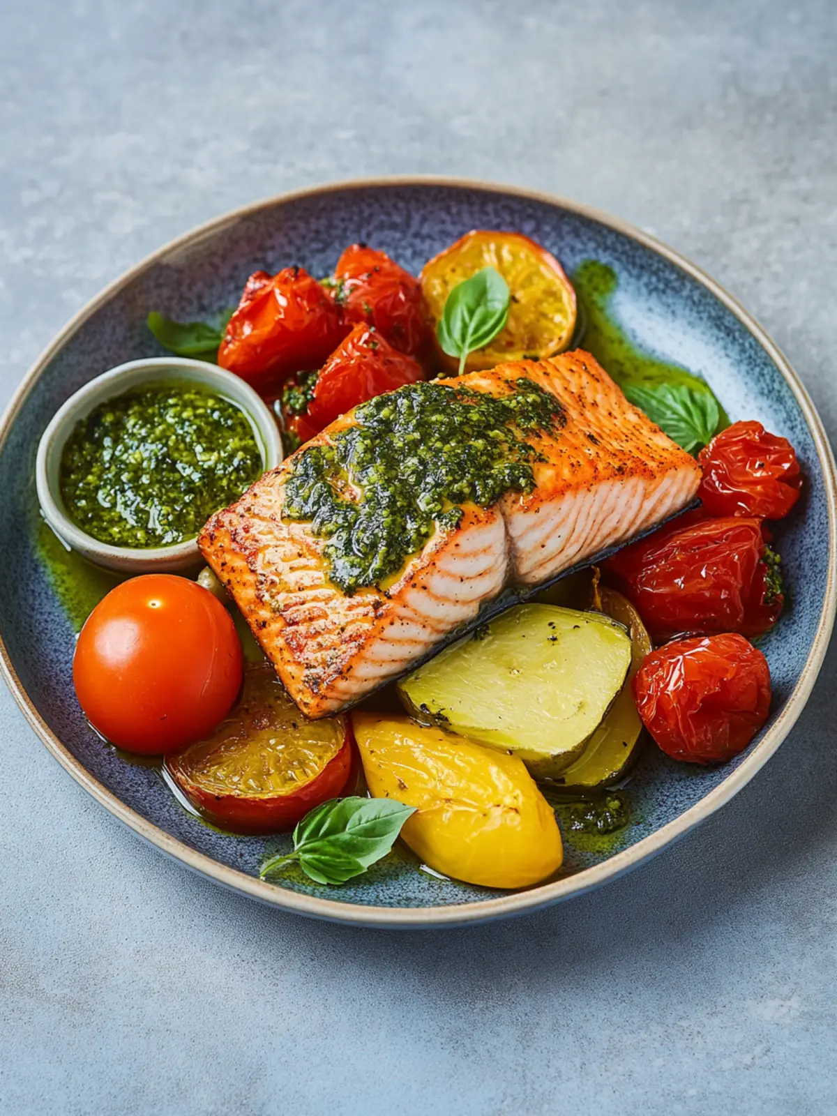 Lachs aus dem Airfryer mit mediterranem Gemüse und Pesto