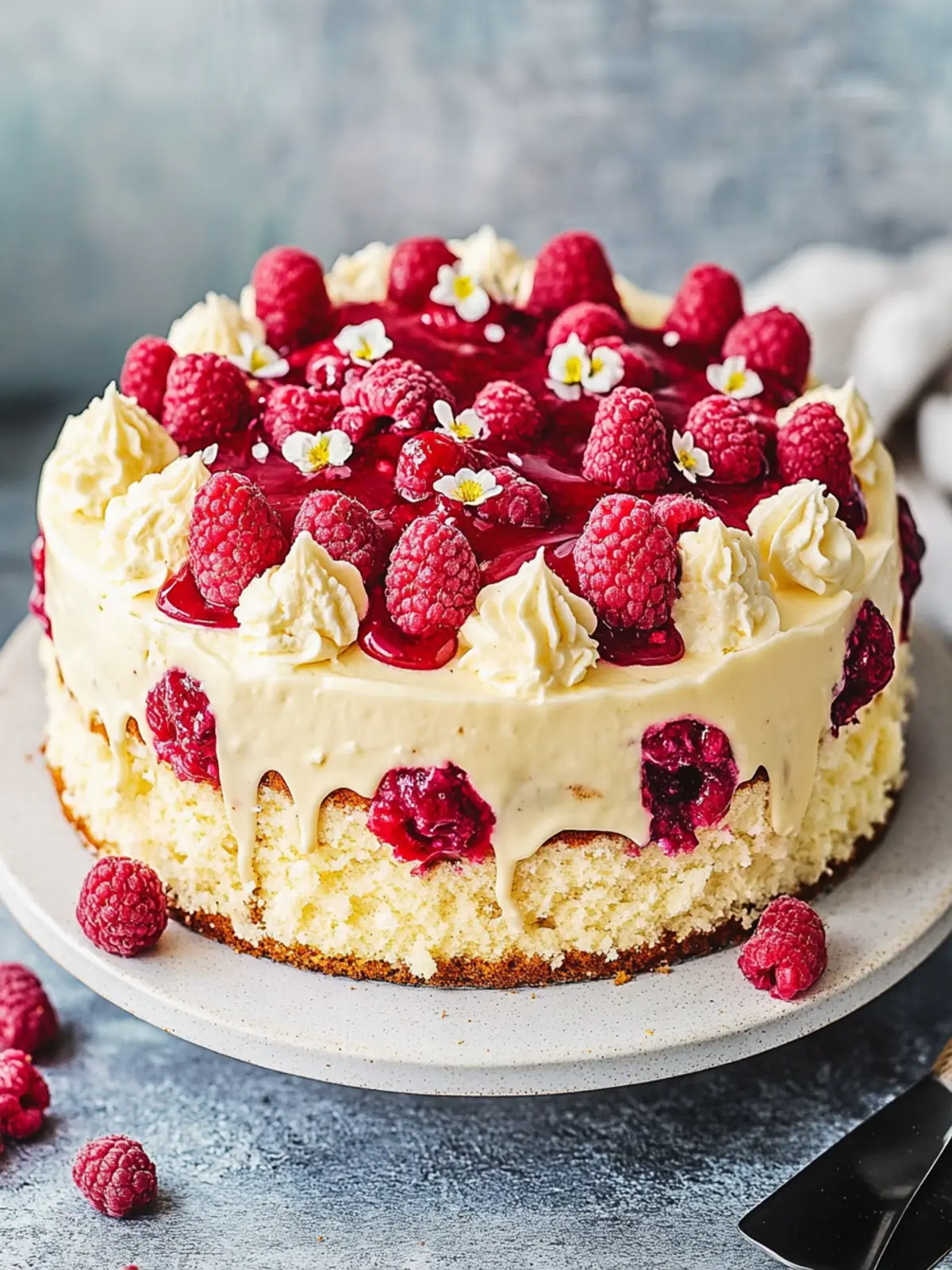 White chocolate cake - with raspberries & ganache